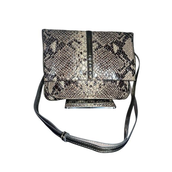 Brighton Brown Black Tan Python Embossed Leather Crossbody Purse Clutch - Picture 2 of 11
